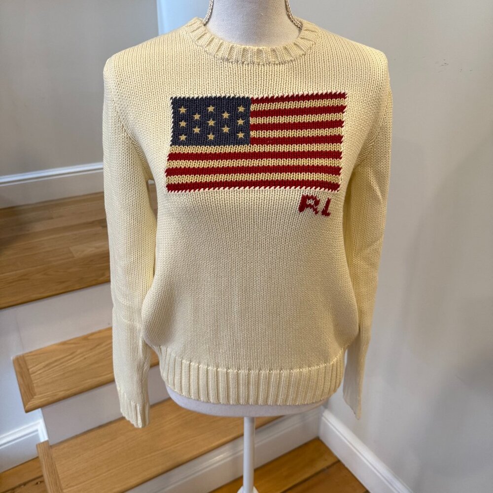 Ralph Lauren Flag Cotton Crewneck Sweater Cream Size M